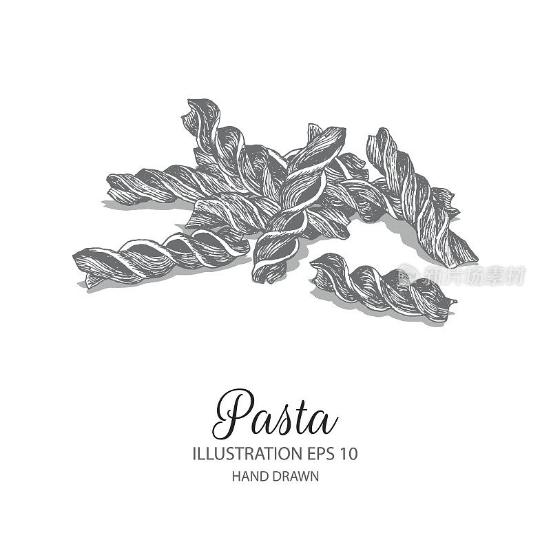 Fusilli Pasta hand drawn illustration by ink and pen sketch.